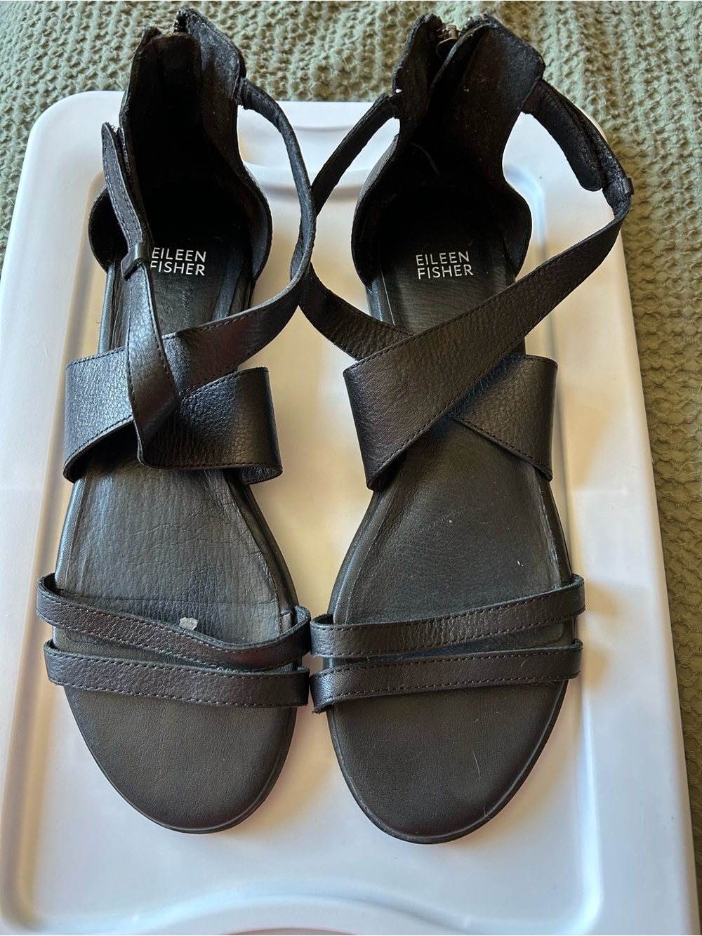 Eileen Fisher Black Leather Crisscross Strap Sandals 10M